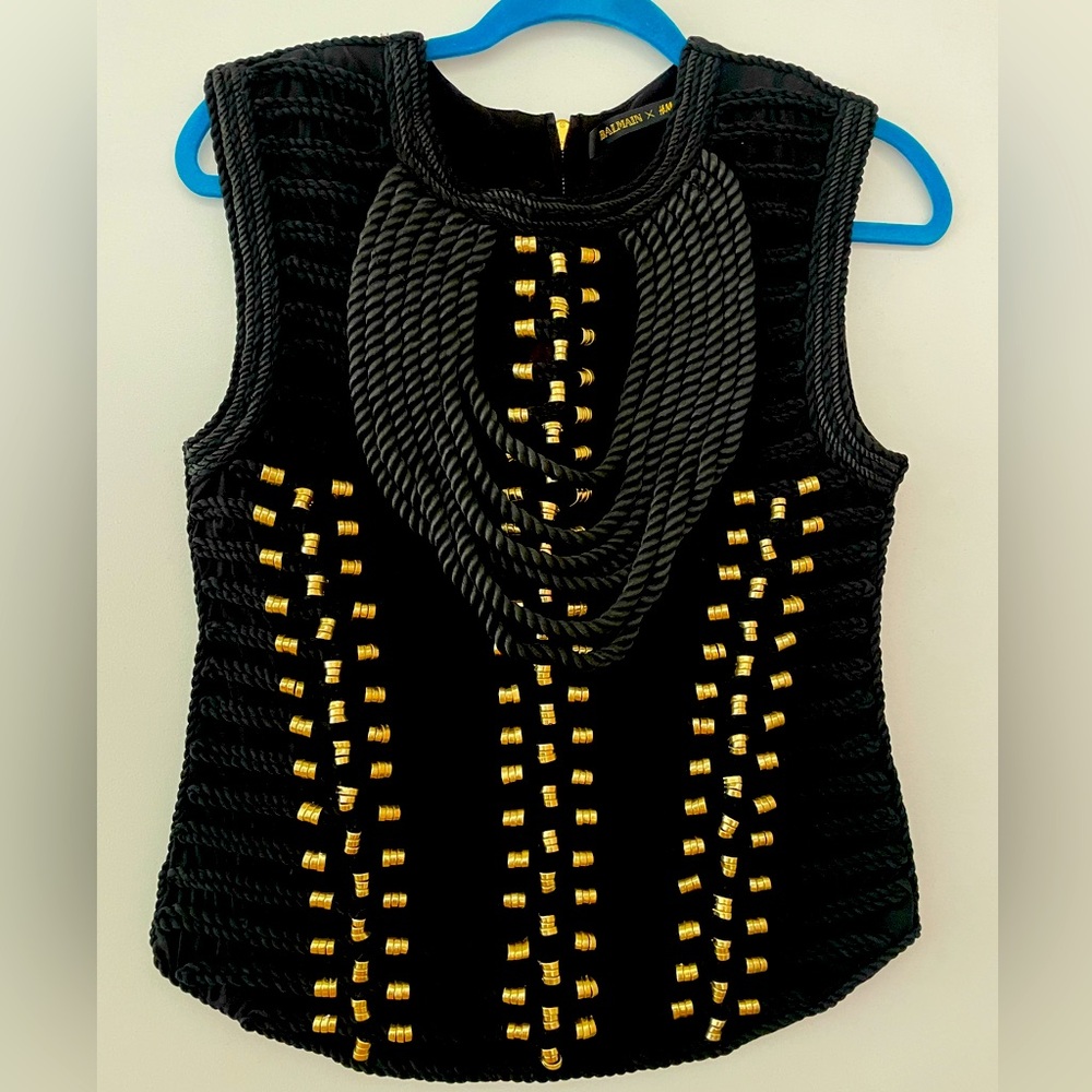 BALMAIN x H&M Sleeveless Rope Braided Top Size 4 Black Gold Tank Top